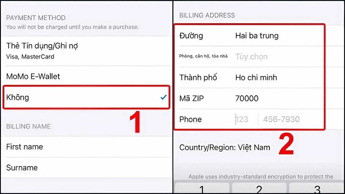 Chọn không và điền các thong tin về vùng iPhone bạn muốn chuyển Chọn không và điền các thong tin về vùng iPhone bạn muốn chuyển